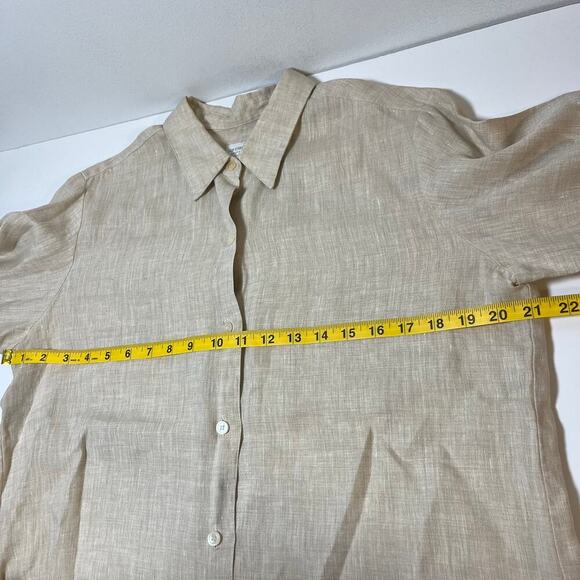 Liz Claiborne 100% Linen Blouse Button Up Top Beige Brown Medium Petite Collared - Picture 8 of 9